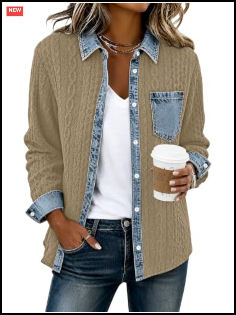 Womens Denim Patchwork Button Down Shacket Loose Fit Casual Jacket